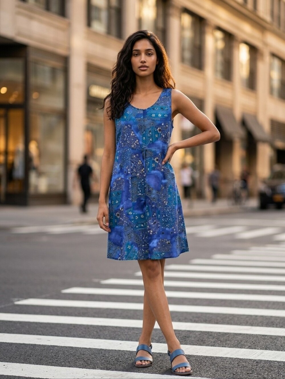 Caribou New York Blue Floral Patchwork Sleeveless Dress